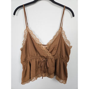American Eagle Satin Babydoll Cropped Lace Top Large Brown Forest Fairy Ethereal